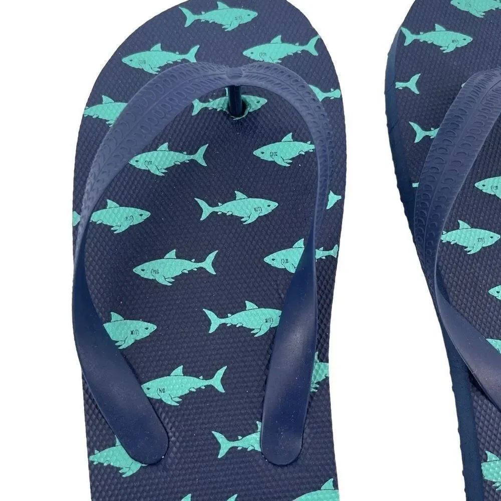 Boy’s Navy Blue Fish Shark Printed Foam Flip-Flop Sandals Large 2/3